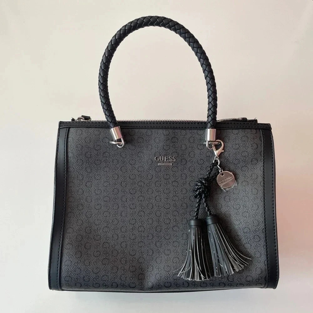 GUESS Monogram Logo Black Braided Handle Handbag Bag Satchel Purse